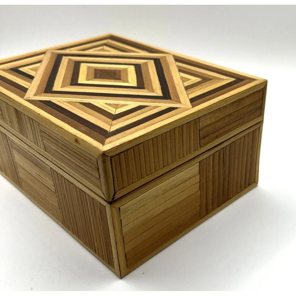 Handmade Bamboo Wood Inlaid Trinket Jewelry Box Geometric Marquetry Boho 6